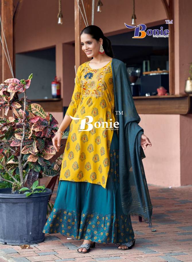 Fiana 13 By Bonie Fancy Rayon Printed Kurti With Bottom Dupatta Wholesale Price In Surat
